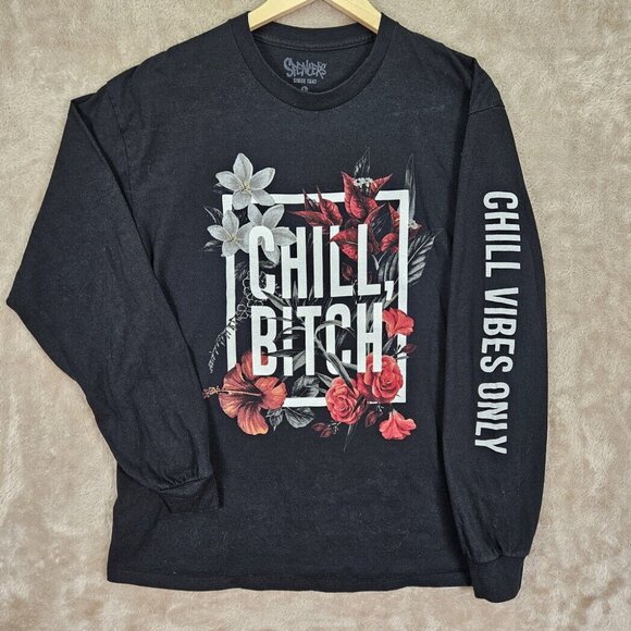 Spencers T-Shirt Men's Size L Black Floral Chill Vibes Only Long Sleeve Graphics - Picture 1 of 10